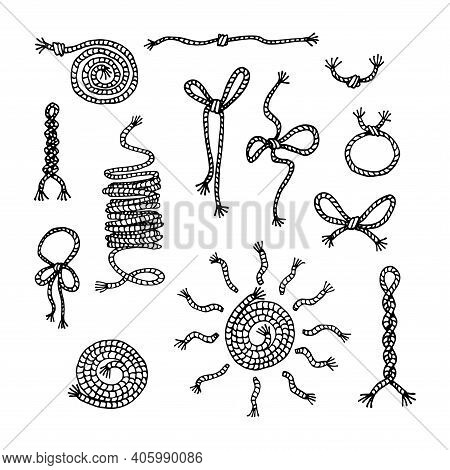 Set Of Rope Decorative Elements, Knot, Bows, Bundle, Plait, Loop, Vector Illustration With Black Ink