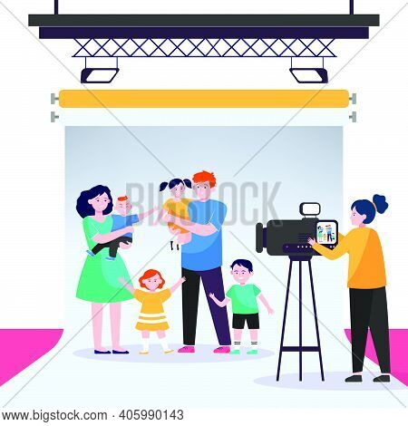 Camerawoman Filming Big Family Scene In Studio. Parents And Children Posing For Camera Flat Vector I