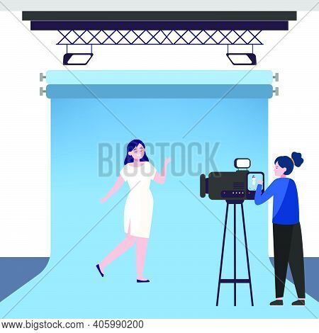 Camerawoman Working With Model In Studio. Filming Video, Blue Backdrop Flat Vector Illustration. Vid