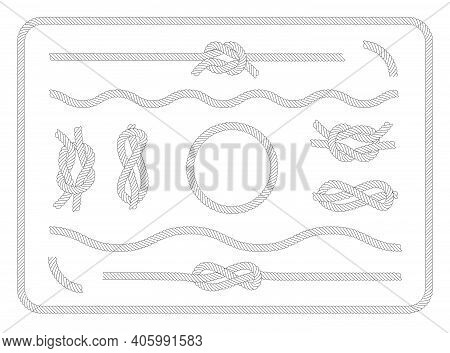 Collection Of Sailor Knots Set. Various Nautical Ropes And Knots, Circle, Border, Wavy String. Vinta