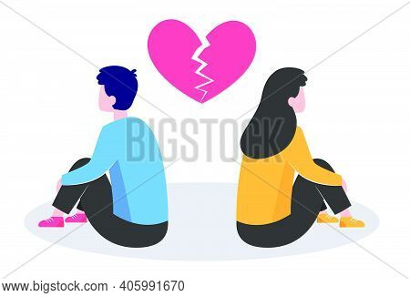 Conflict In Couple. Young Man And Woman Turning Their Back On Under Broken Heart Flat Vector Illustr