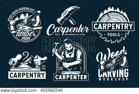 Set Of Carpentry Emblems For Wood Carving Joiner