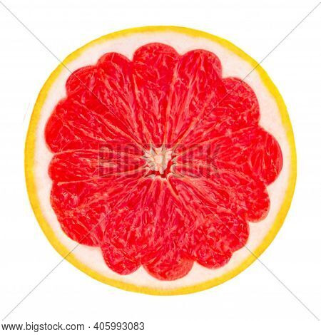 Grapefruit Half Isolated On White Background Close Up. Ripe Slice Of Pink Grapefruit Citrus Fruit  F