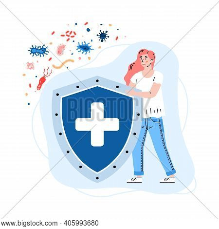 Woman With Huge Shield Reflecting Virus Attack, Cartoon Vector Illustration Isolated On White Backgr