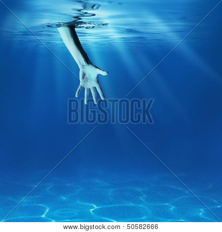 Problem solving concept. Giving helping hand in sea underwater.