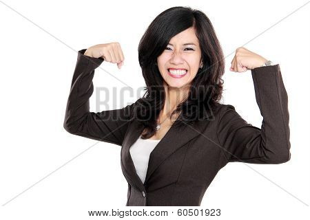 Excited Businesswoman Raised Her Hands Showing Strong Concept