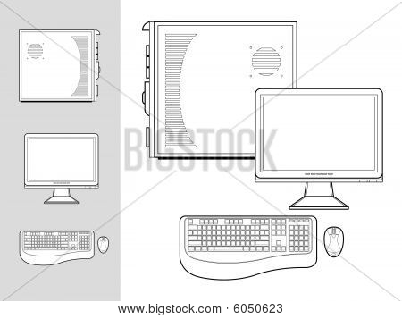 Computer con case, tastiera, mouse e monitor
