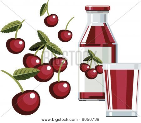 Succo di ciliegia con bottiglia e bicchiere