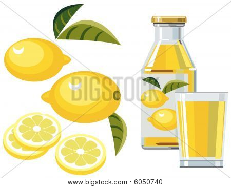 Succo di limone con bottiglia, vetro e limoni