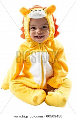 Black child boy,dressed in lion carnival suit, isolated on white background. Baby zodiac - sign Leo.