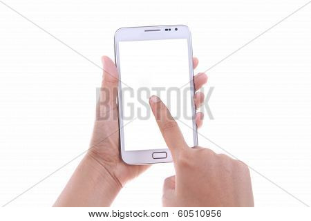 Female Hand Holding And Touching Blank Screen Smart Phone