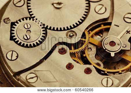 Clockwork details, pinions and wheels closeup