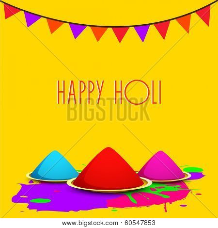 Indian festival Happy Holi celebrations concept with colors on yellow background.