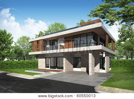 3d perspective render of tropical building with green area