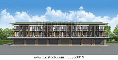 3d perspective render of tropical building with green area