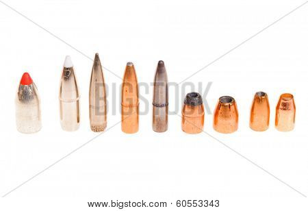 Different types of bullets, both pistol and rifle for hunting and target shooting