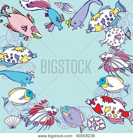 Blue Background With Multi Colored Fishes