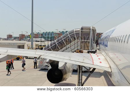 VENICE, ITALY - JUNE 12, 2011: Spanair jet airplane landed on June 12, 2011 in Venice, Italy. Spanair S.A. was a Spanish airline. The last passenger flight was JK1326 from Trondheim to Las Palmas.