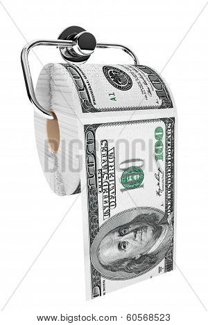 Roll Of 100 Dollars Bills As A Toilet Paper On Chrome Holder