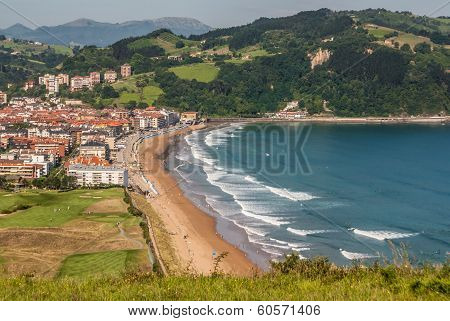 Panoramic View Of Zarautz With Guetaria On The Background On A Bright Sunny Summer Day.