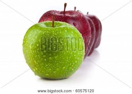Maroon Apples Lined Up In A Row And Green Apple Closeup