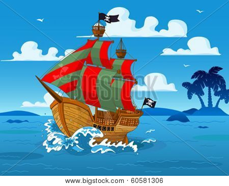 Pirate ship sails the seas
