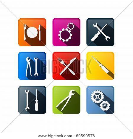 Vector Buttons: Cogs, Gears, Screwdriver, Pincers, Spanner, Hand Wrench Tools, Knife, Fork