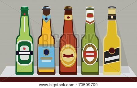A row of full beer bottles with caps on a shelf, SET 2