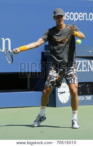 Professional tennis player Tomas Berdych practices for US Open 2014