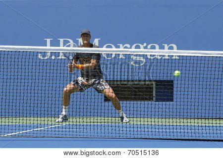 Professional tennis player Tomas Berdych practices for US Open 2014