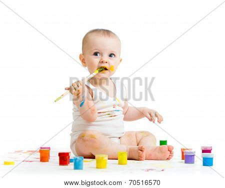 Dirty Child Drawing With A Finger's Paints