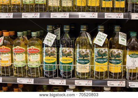 Selection Of Olive Oil On The Shelves In A Supermarket Siam Paragon In Bangkok.