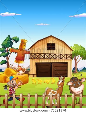 Illustration of a farm house and a farmer