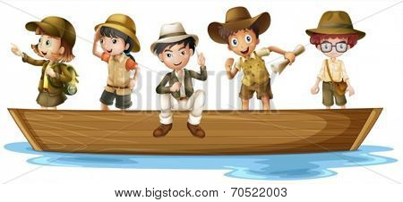Illustration of girls and boys explorers on boat