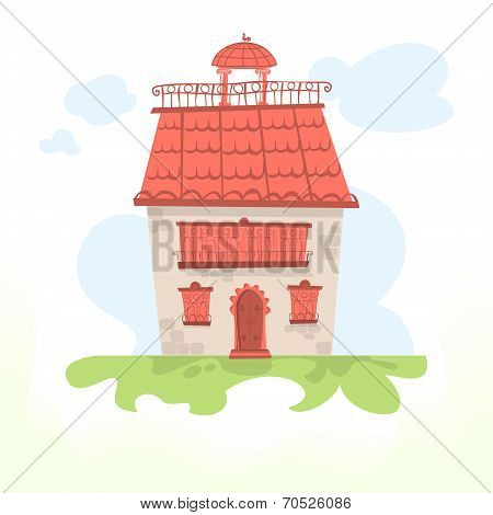 Fairy house with a tiled roof and a cockerel