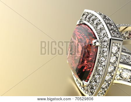 Golden Ring with Diamond. Jewelry background. Ruby