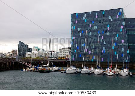 REYKJAVIK, ICELAND - AUGUST 31, 2013: Harpa concert hall in Reykjavik, Iceland. Harpa was opened on May 13, 2011. It was selected as Best Performance Venue 2011 by Travel & Leisure magazine