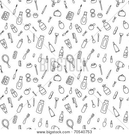 Cosmetics and beauty products icons. Vintage seamless patterns with cosmetics elements. Makeup. Vect