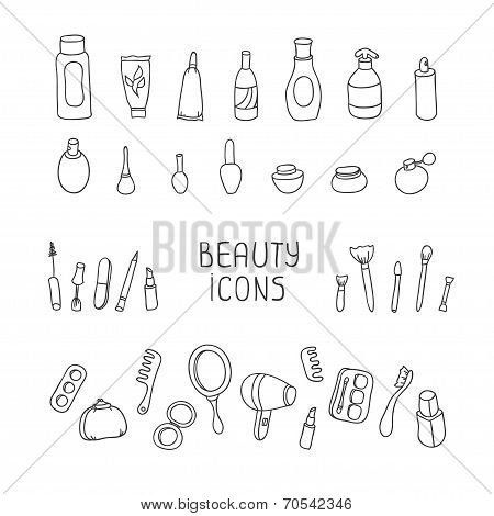Set of vintage cosmetics elements and beauty products icons. Makeup. Beautiful vector illustration.