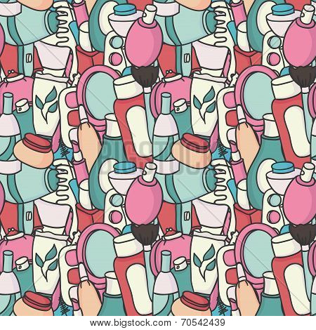 Cosmetics and beauty products icons. Vintage seamless patterns with cosmetics elements. Makeup. Vect