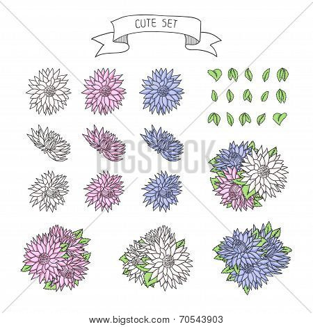 Hand drawn vintage floral elements for a wedding, birthday or Valentine's day. Set of flowers. Vecto