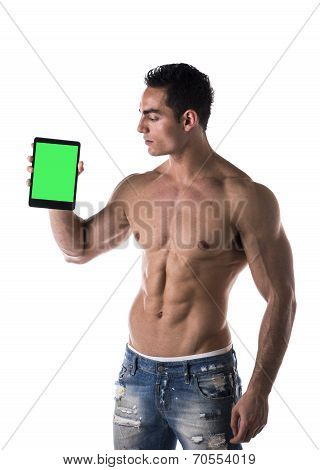 Sexy Muscular Shirtless Young Man Holding A Blank Tablet Pc