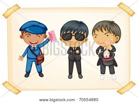 Illustration of a postman, a bodyguard, and a magician