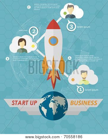Start Up Concept Symbol Space Roket Ship Sky Icon Trendy . Steps to start your business, infographics template. 