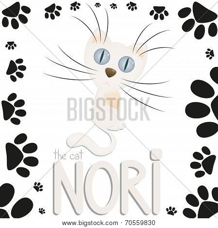 Funny white cartoon cat Nori, cat paw footprints