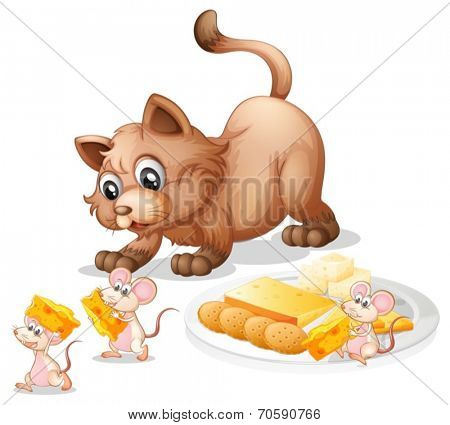 Illustration of a cat and mice