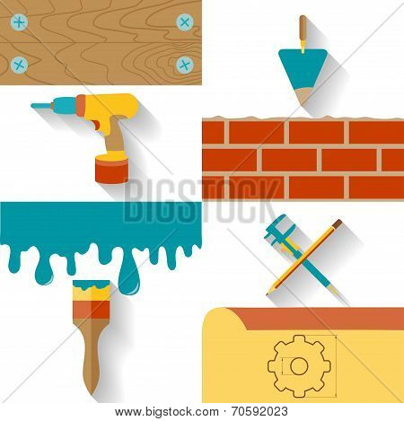 Set of conceptual icons for the design, construction and finishing works. Flat design vector illustr