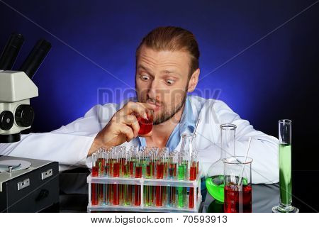 Crazy scientist working in laboratory