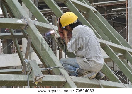 Welder with protective mask welding metal