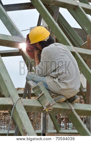 Welder with protective mask welding metal